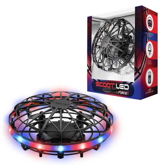 Force1 Scoot LED drone front view with bright red and blue LEDs for indoor fun.