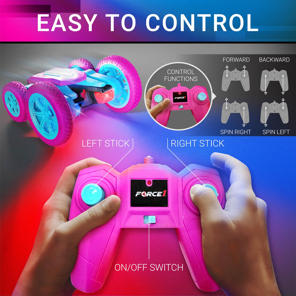 Force1 Tornado Pink LED RC car 2-sided driving demonstrating 360 flips outdoors