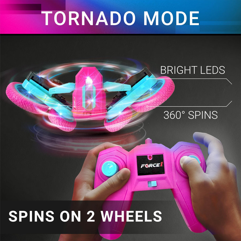 Force1 Tornado Pink LED RC car side view with bright LEDs for nighttime play