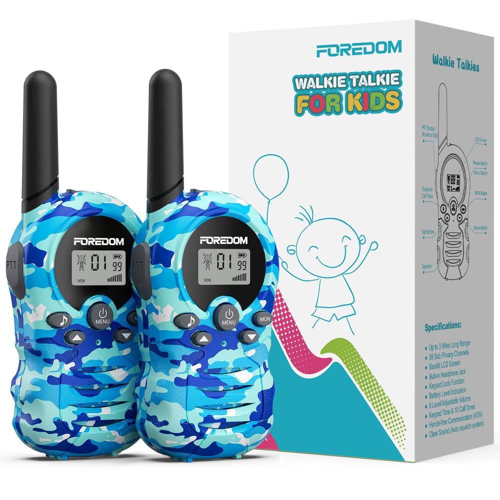 FOREDOM Walkie Talkies for Kids with backlit display for low-light play.