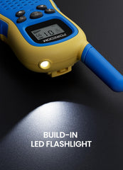 FOREDOM blue walkie talkies with lanyards in use showing hands-free play.