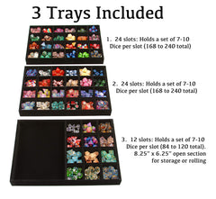 Removable 24-slot trays from Forged Dice Co. keep sets neatly organized.