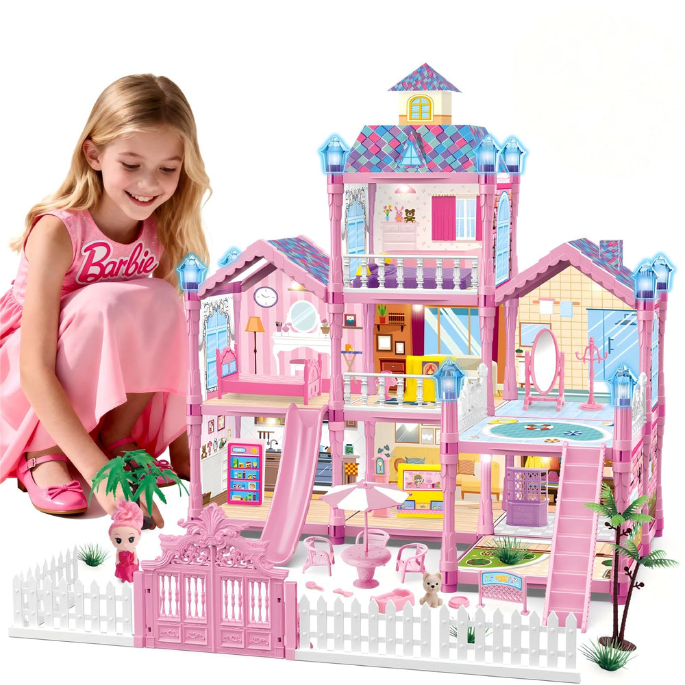 FortiTrust dollhouse pink facade shows three floors for imaginative playtime adventures.