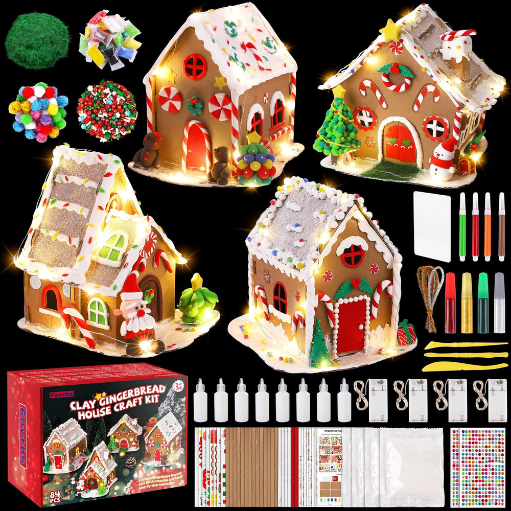 Fovths 4-sets gingerbread kit with colorful clay for festive DIY gingerbread houses.