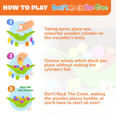 FoxMind Don't Rock The Croc wooden pieces highlight safe, natural materials for play.