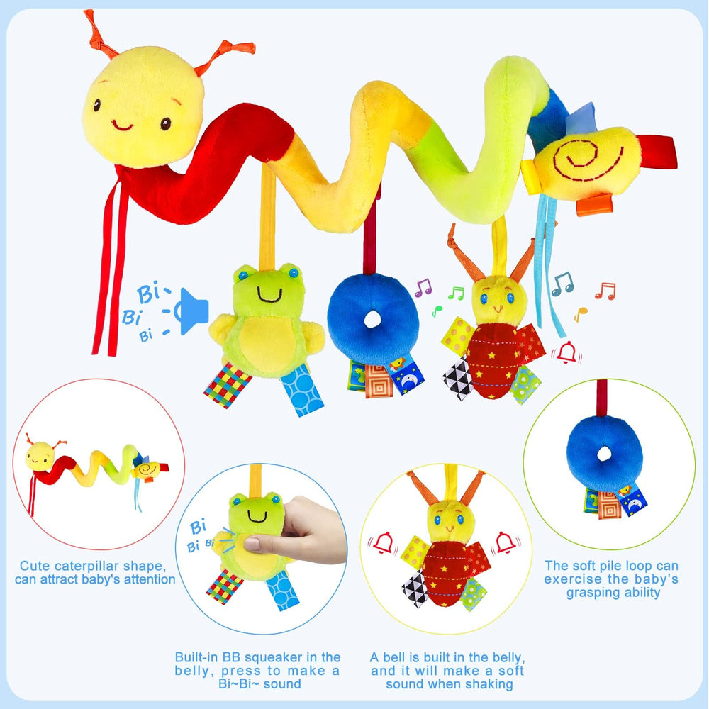 FPVERA spiral hanging arch with soft toys stimulates visual attention on outings.