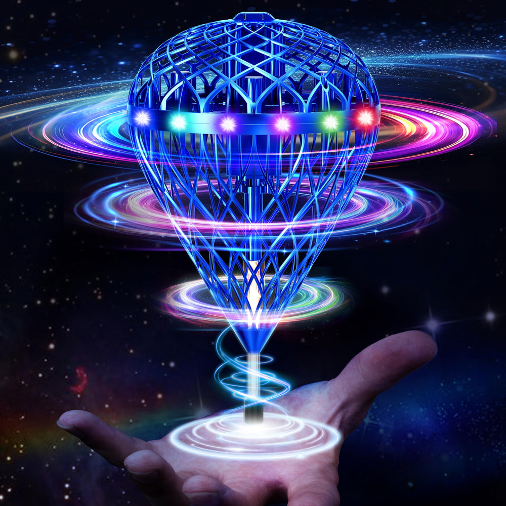 Fralvox bouncing-flying-orb-ball-blue demonstrated in mid-flight, ideal for indoor and outdoor fun.