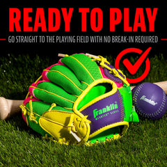 Franklin Sports Teeball glove colorway purple-lime-pink-yellow stands out.