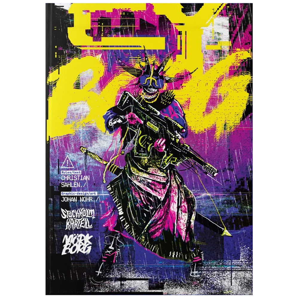 Free League CY_BORG core rulebook cover with bold purple art for immersive sci-fi campaigns