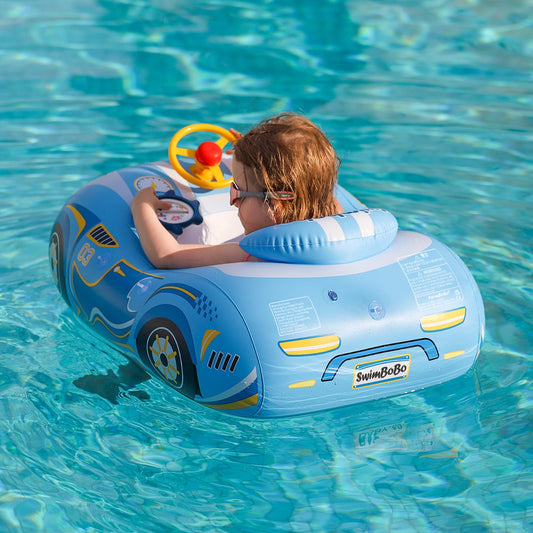 Free Swimming Baby Swimbobo blue car front view enhances water play.