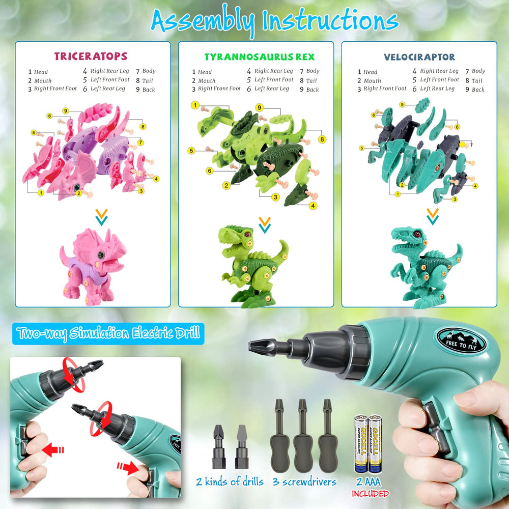 FREE TO FLY electric drill and dinosaur parts enable easy assembly