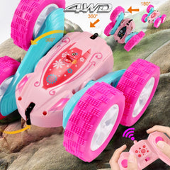 FREE TO FLY RC stunt car top view highlights double-sided driving action.