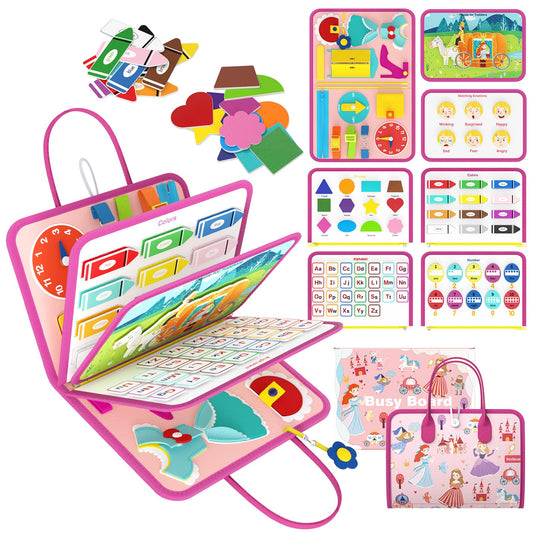 Freebear Deluxe Pink Princess Busy Book front cover promotes curious play and easy portability.