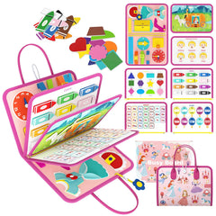 Freebear Deluxe Pink Princess Busy Book front cover promotes curious play and easy portability.