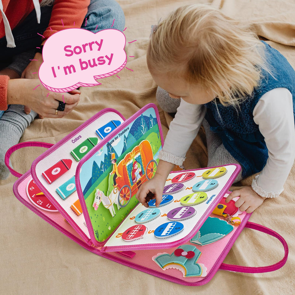 Freebear Deluxe Pink Princess Busy Book handbag design makes on-the-go learning accessible.