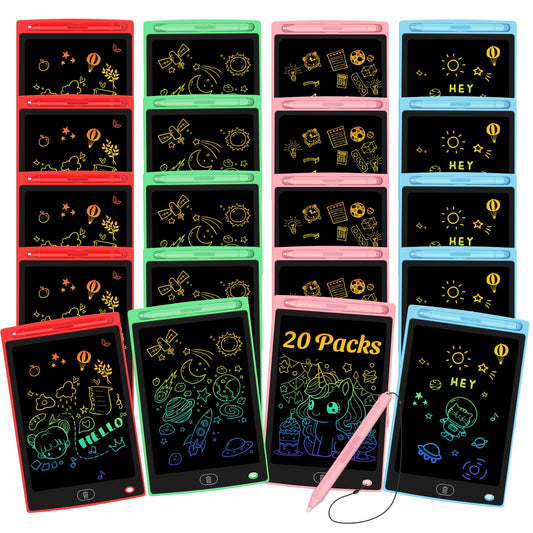 Frelswon 20-pack LCD writing tablets in blue, green, red, and pink for creative drawing.
