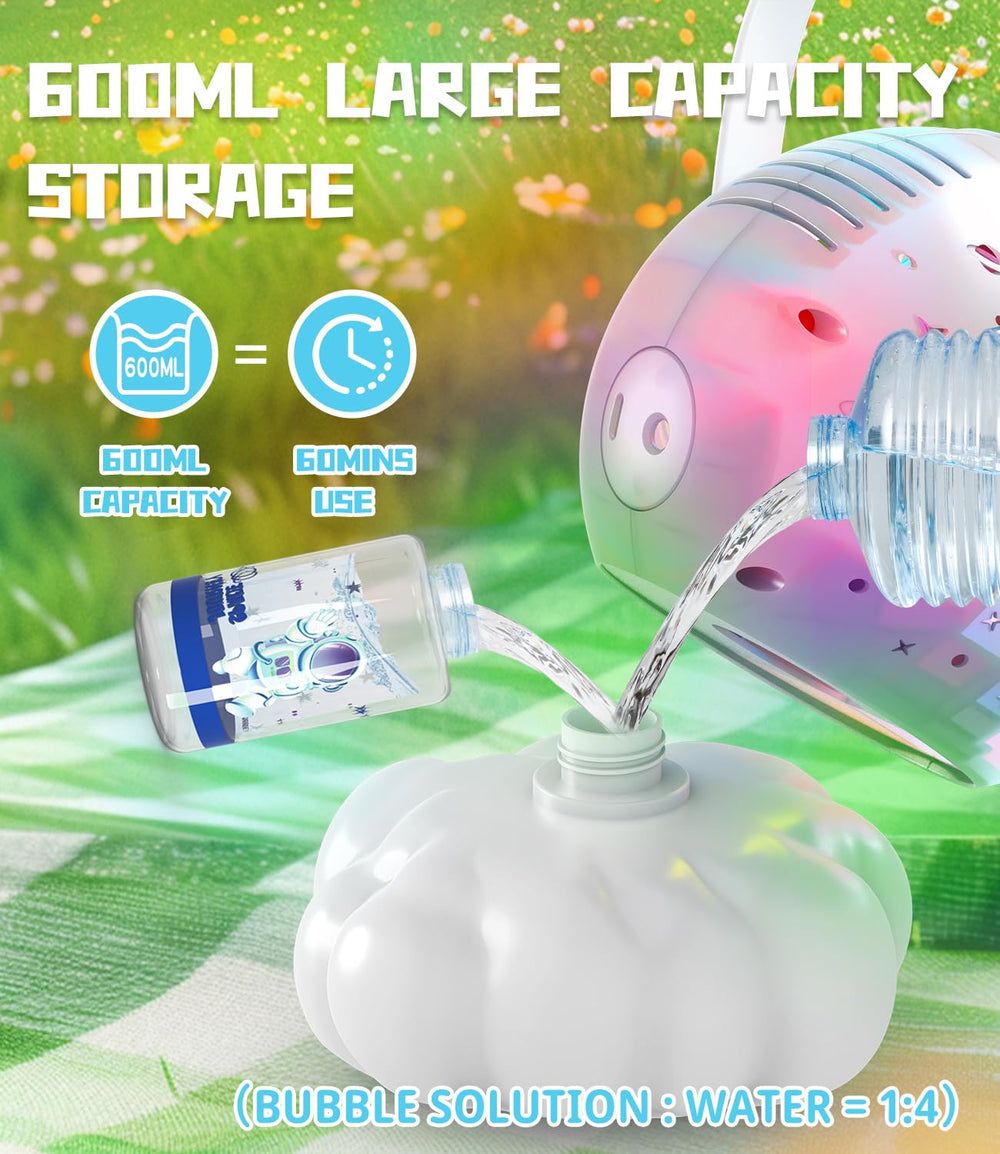Frequent Bubbles bubble machine with spill-proof design and clog-resistant nozzle.