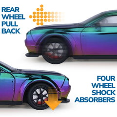 FRJV Hellcat SRT 1/24 pull-back action launches quickly on flat surfaces.