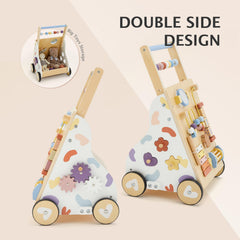 Frogprin wooden baby walker rear rack holds favorite toys for companionship.