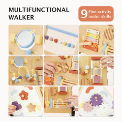Frogprin wooden baby walker soundable roller provides interactive sensory feedback.