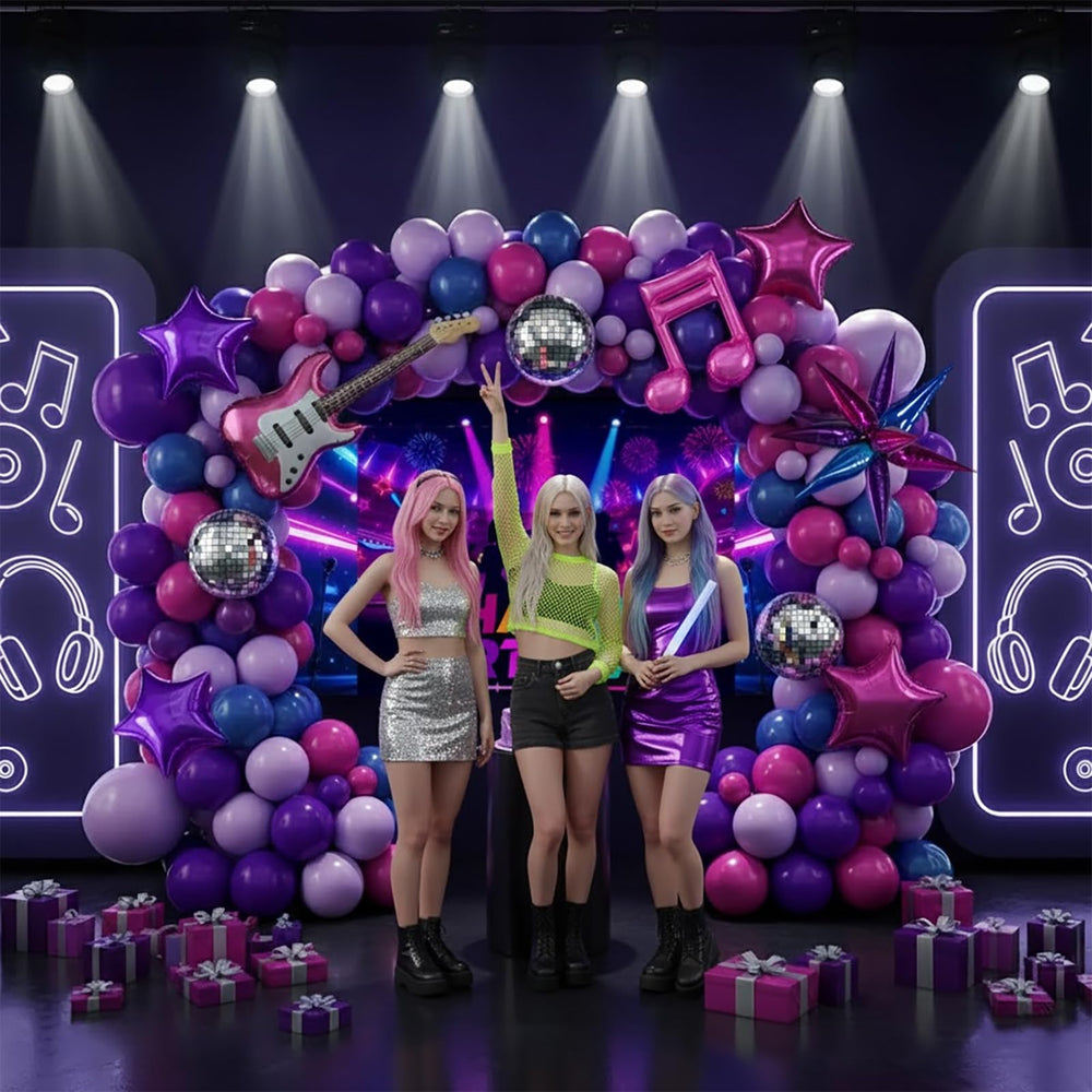 Froufing guitar-shaped foil balloons enhance concert-inspired décor