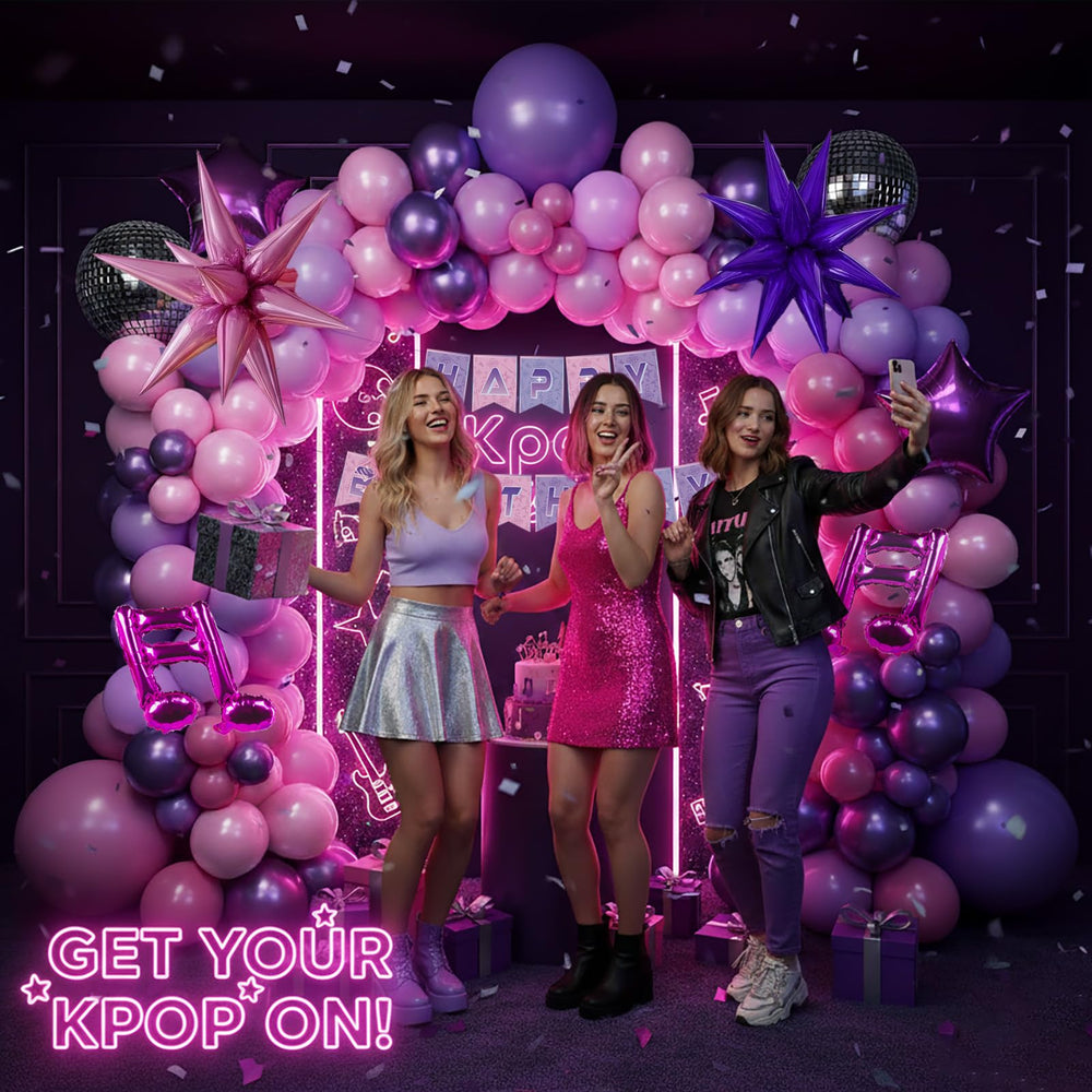Froufing k-pop balloon arch metal purple adds vibrant color to celebrations.