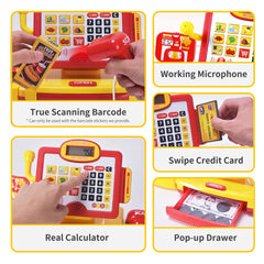 FS cash register microphone enhances language play and vocal confidence during role play.