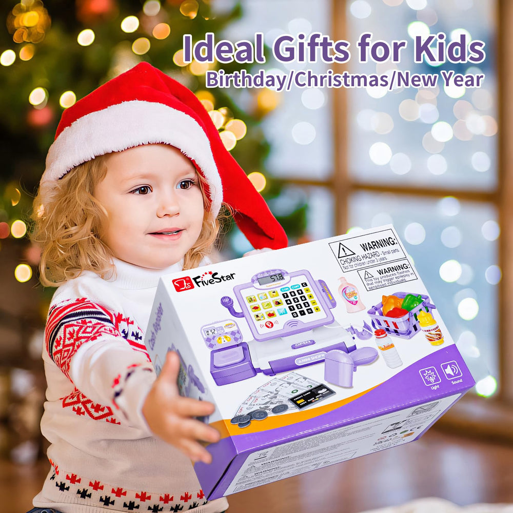 FS Pretend Play Cash Register purple kid at counter enjoying role-play