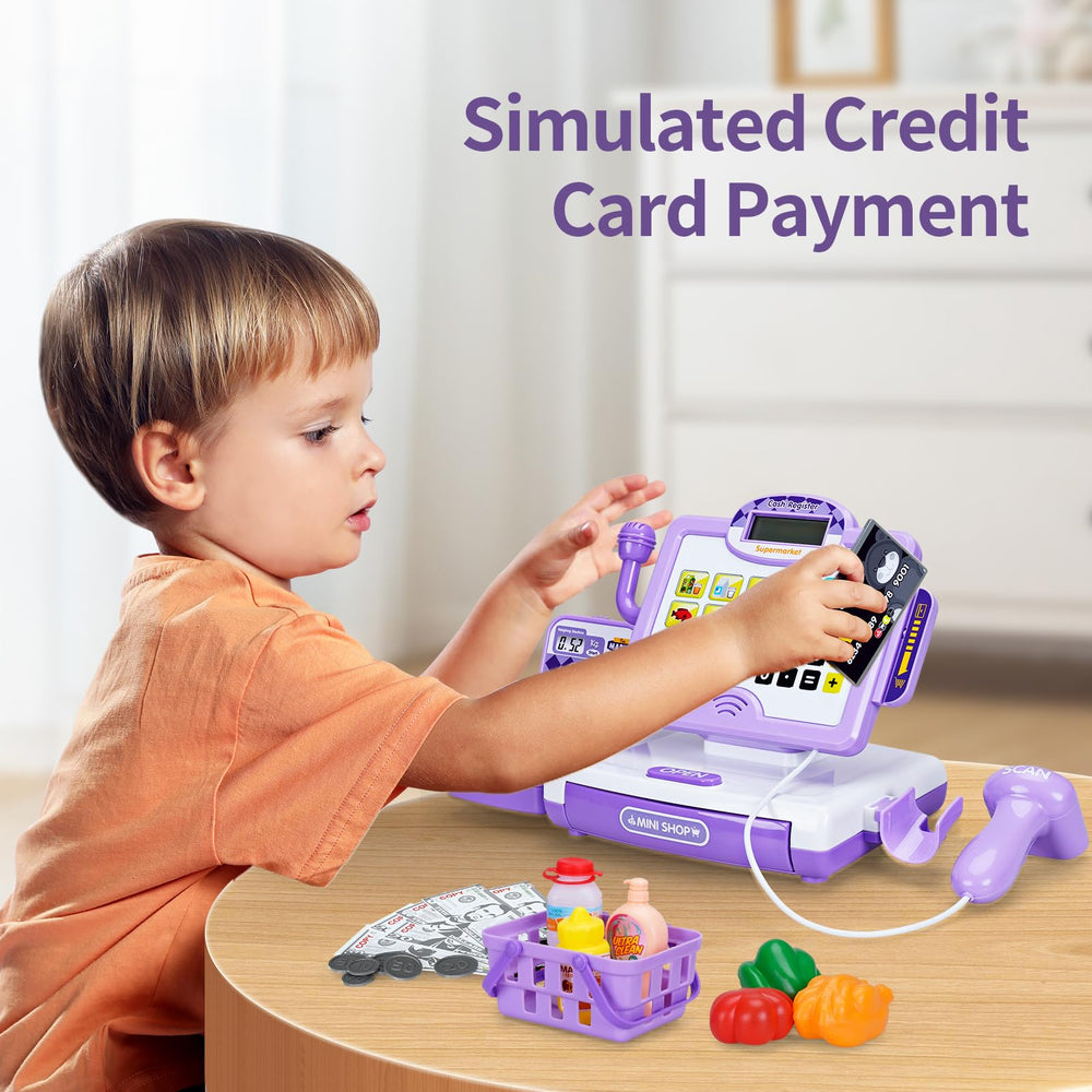 FS Pretend Play Cash Register purple shopping basket supports pretend shopping