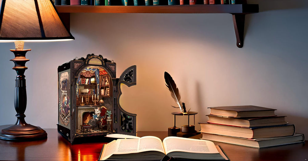 Fsolis Book Nook Count Cat's Study dust-cover protecting the finished scene