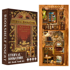 Fsolis Book Nook Kit assembly pieces on wood form a miniature library scene for shelves