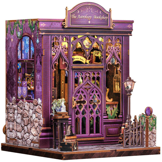 Fsolis Book Nook Kit astrology shop front view with warm glow for cozy decor.