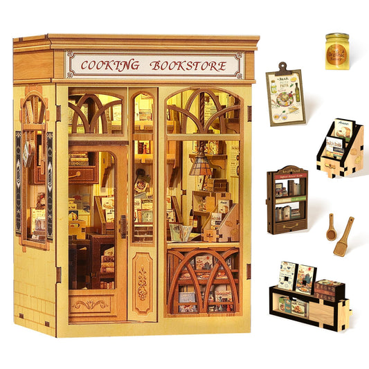 Fsolis Book Nook Kit: cozy cooking bookstore scene with warm LED lighting.