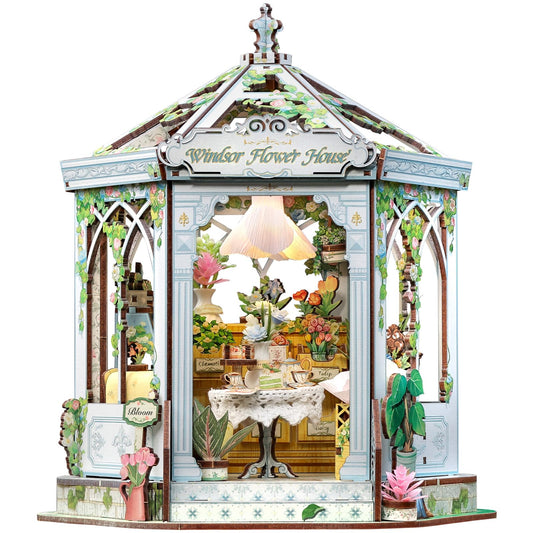 Fsolis Book Nook Kit Flower Shop front view, ideal desk decor and relaxing miniature craft.