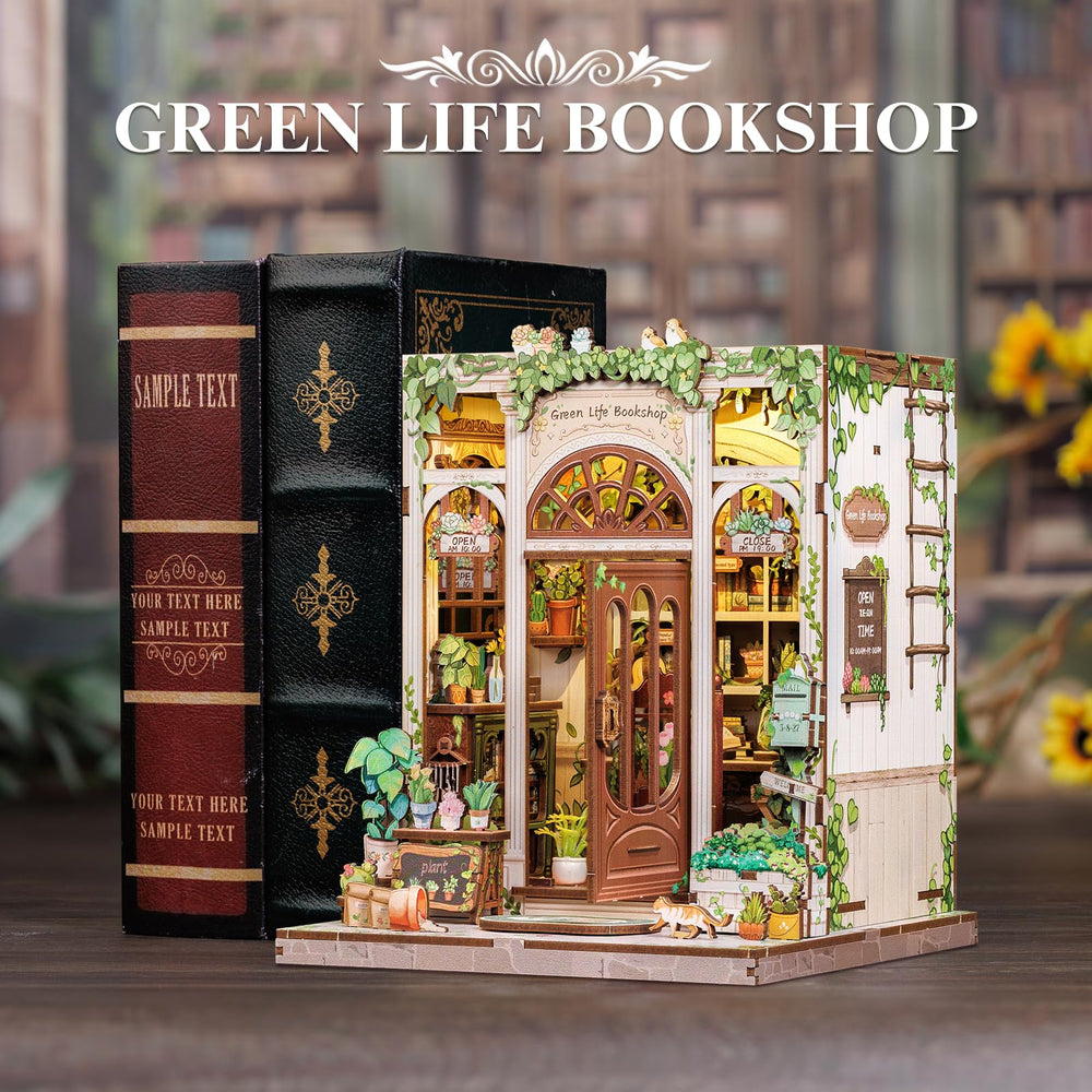 Fsolis Book Nook Kit LED lights illuminate the miniature room.