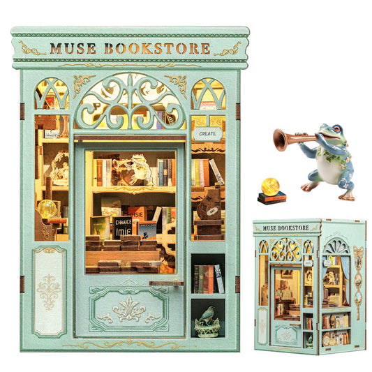 Fsolis Book Nook Kit front view with Muse Bookstore theme for shelf décor