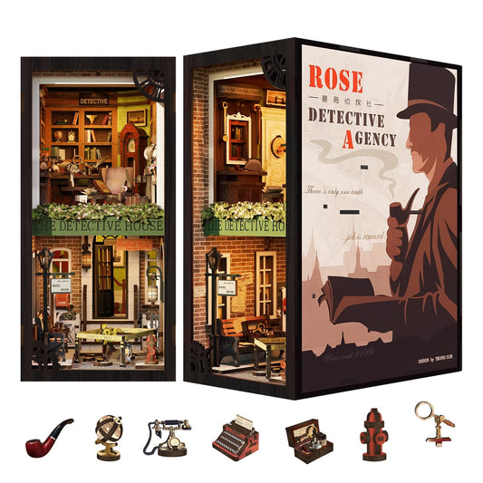 Fsolis Book Nook Rose Detective Agency wooden house kit for display.