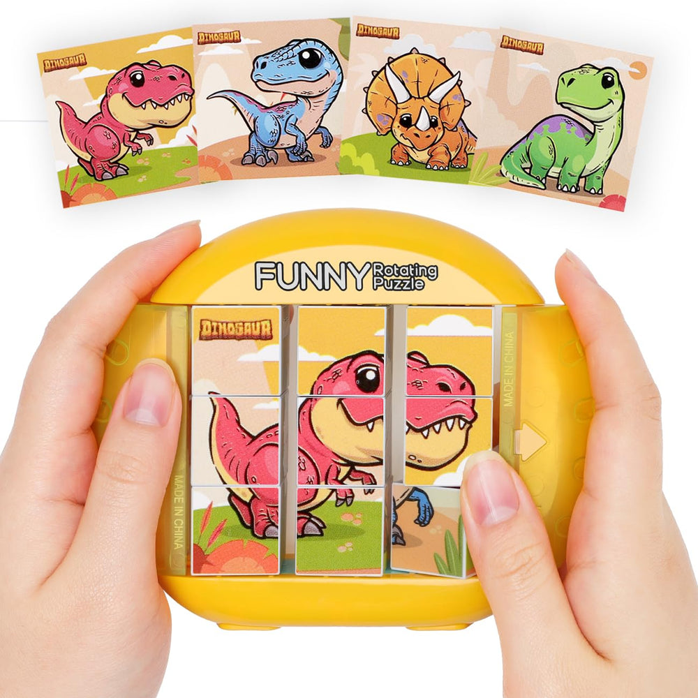 Fullware rotating puzzle cubes featuring dinosaurs to boost tactile play skills.