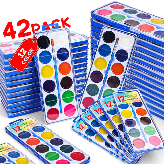 FUMILE 42-pack watercolor set for kids with 12 colors, ideal for classroom projects and party favors.