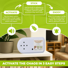 FUN delivery Bleepin' Battery emits realistic smoke alarm beeps for immersive pranks.