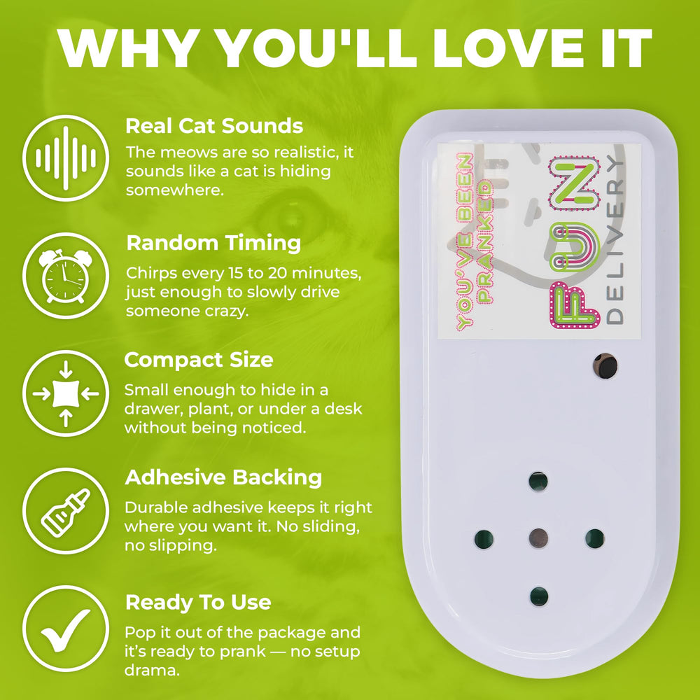 FUN delivery Meow noise maker emits authentic cat sounds for playful confusion at work.