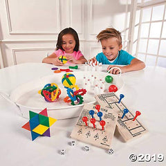 Fun Express family game night scene with kids enjoying timeless wooden classics.