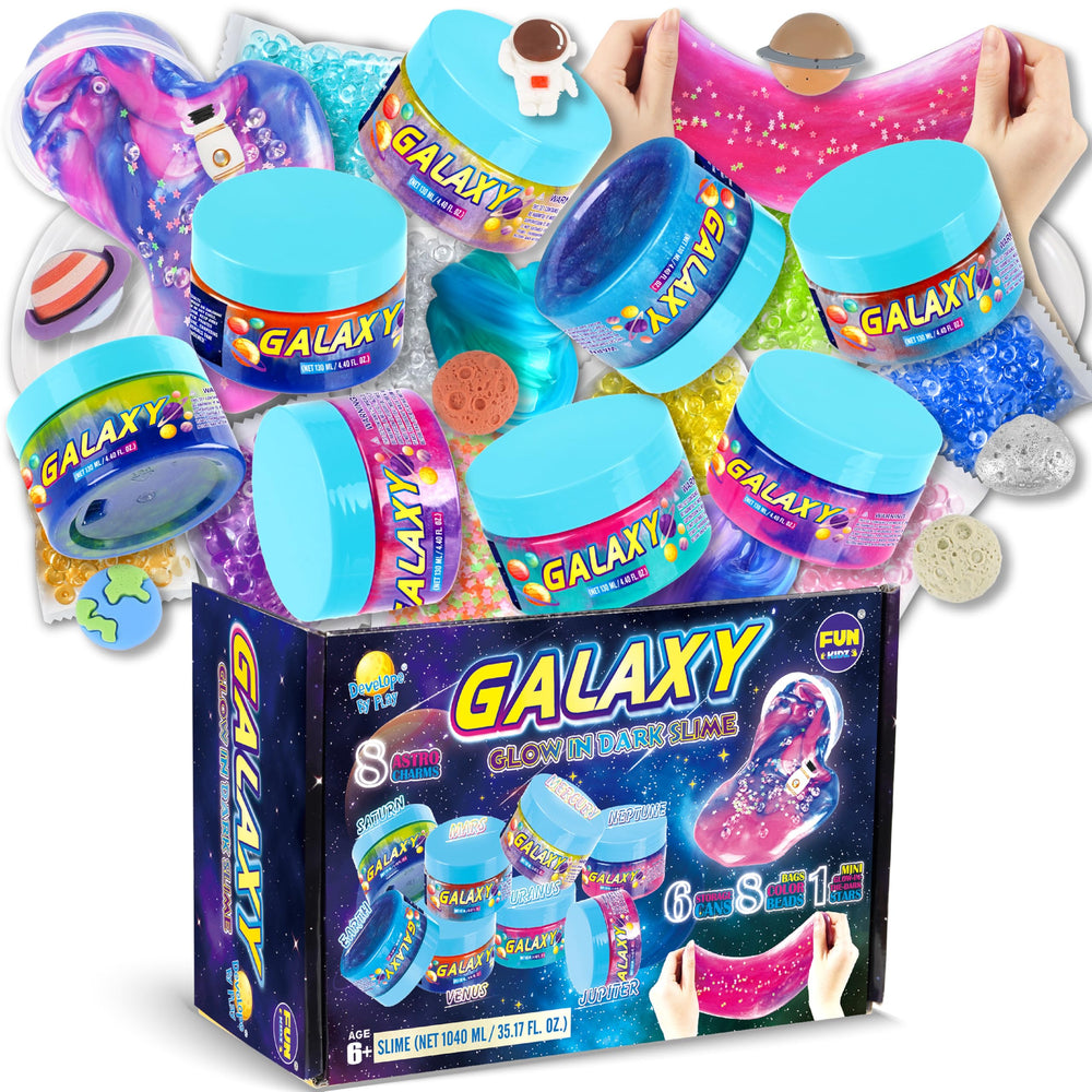 FUN KIDZ Galaxy Slime in eight colors stored in cans for easy sharing and reuse.