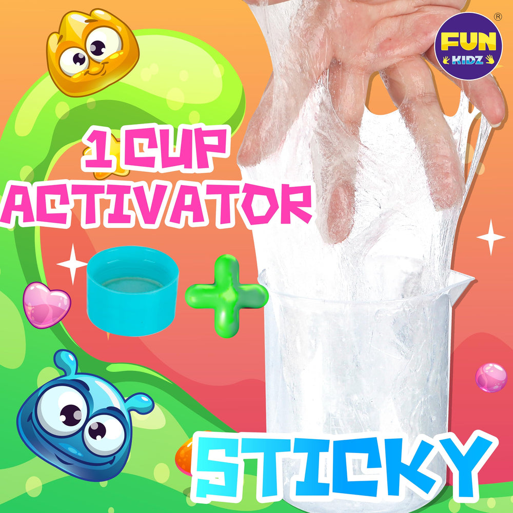 FUN KIDZ label tips illustrate simple steps for quick slime results.