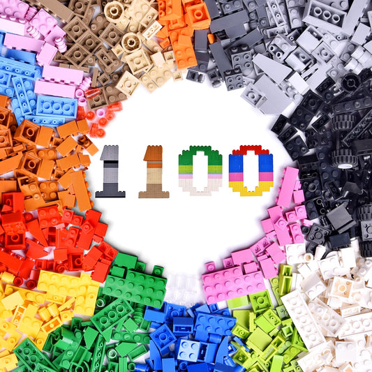 Fun Little Toys 1100 pcs building blocks closeup shows assorted bricks ready for creative play.