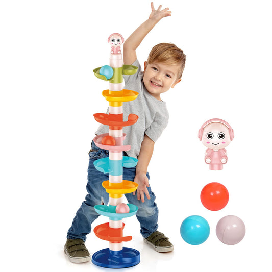 FUN LITTLE TOYS ball drop tower assembly view for quick setup and independent play.