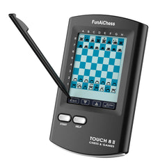 FunAiChess handheld board highlights compact travel design for on-the-go play.