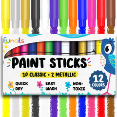 Funcils 12 Tempera Paint Sticks color palette for kids with rich, opaque coverage