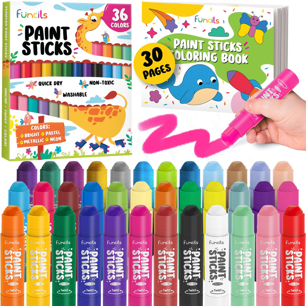 Funcils 36 washable tempera paint sticks case for mess-free storage and use.