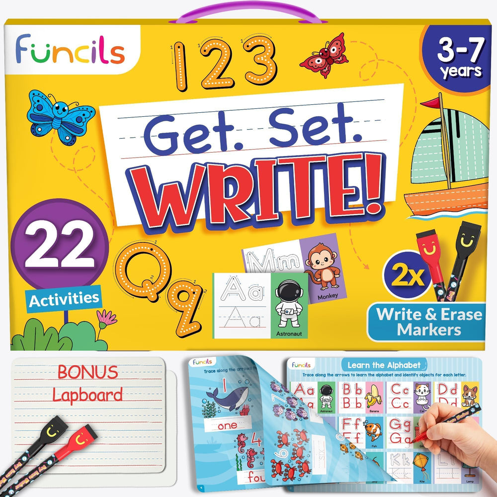 Funcils Learn to Write mats set guiding kids from scribbles to letters.